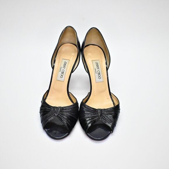 JIMMY CHOO Womens Heels Size 39.5 Black Patent Leather Peep Toe DOrsay Slip On - Picture 2 of 10
